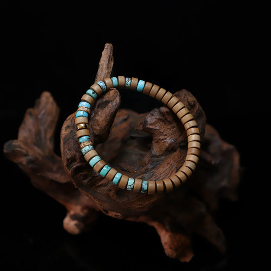 18k Gold-Turquoise Old Mountain Sandalwood Tablet Bracelet(6mm)