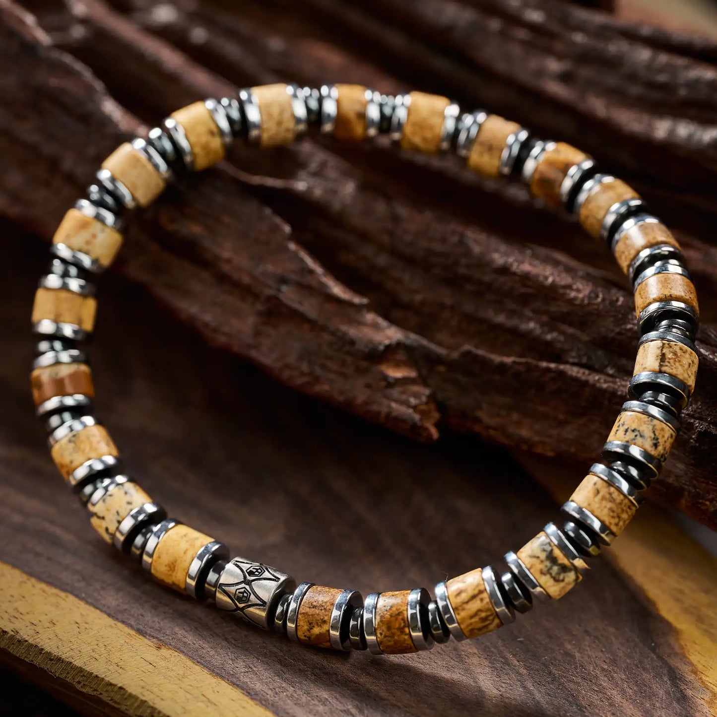 Picasso Jasper & Hematite Beaded Bracelet — 6mm