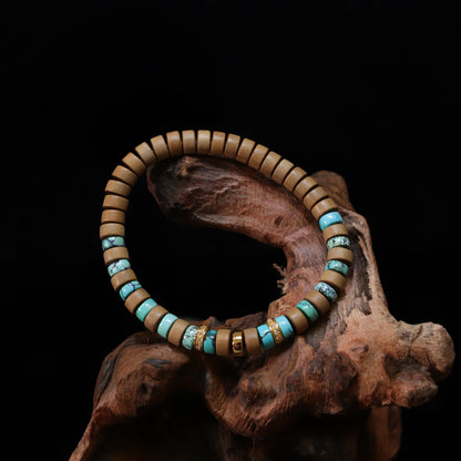 18k Gold-Turquoise Old Mountain Sandalwood Tablet Bracelet(6mm)